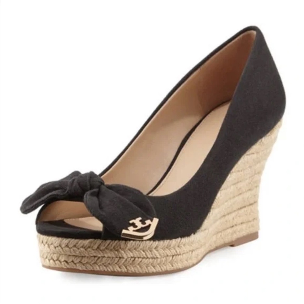 TORY BURCH Dory Peep Toe Wedge Espadrille canvas Sandal Black